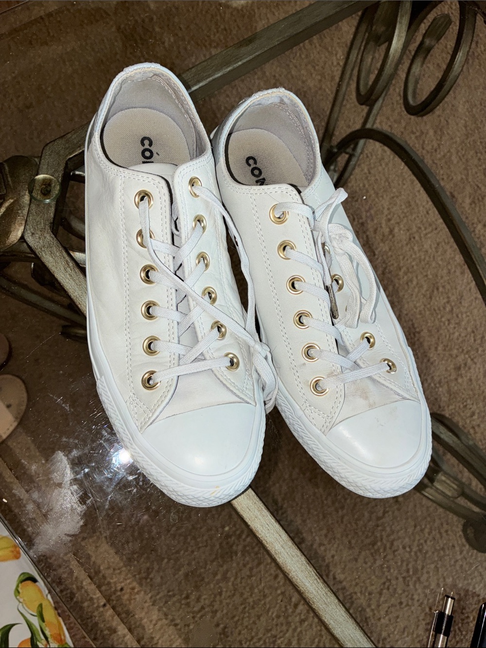 Converse White Low-Top Canvas Sneakers with Gold Eyelets